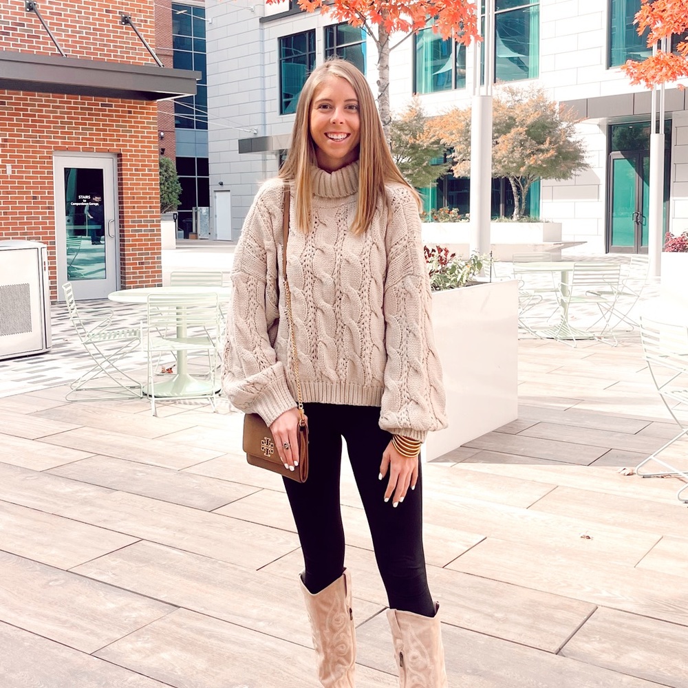 Beige Turtleneck Cable Knit Sweater